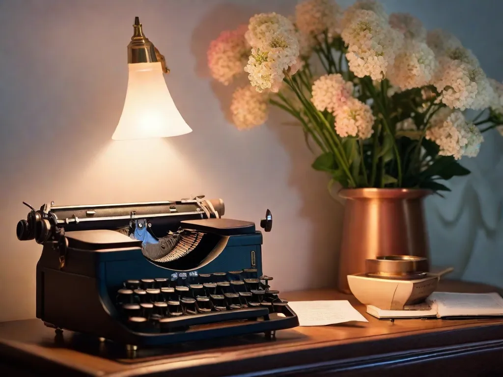 Uma imagem em close-up de uma máquina de escrever antiga, com suas teclas adornadas com delicadas flores, capturando a essência da poesia. O suave brilho de uma luminária de mesa lança uma luz quente, convidando mentes criativas a se envolverem no mundo das palavras e emoções.