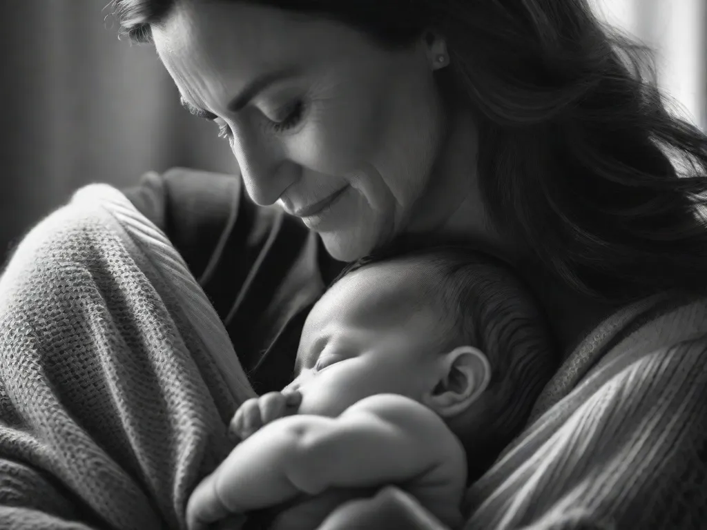 Uma bela fotografia em preto e branco captura a essência da maternidade. A imagem mostra uma mãe acariciando ternamente seu recém-nascido nos braços, seus rostos cheios de amor e alegria. O vínculo entre eles é evidente, enquanto eles compartilham um momento precioso de conexão e cuidado.