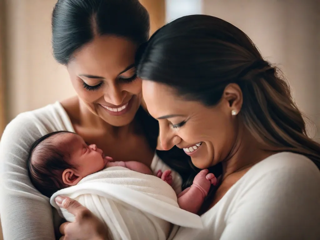 Uma bela imagem de uma mãe segurando seu recém-nascido em seus braços, ambos olhando um para o outro com um sentimento de admiração e amor. O sorriso gentil da mãe e a expressão tranquila do bebê capturam a alegria pura e o vínculo da maternidade. A imagem representa a essência da maternidade e a incrível jornada de trazer uma nova vida ao
