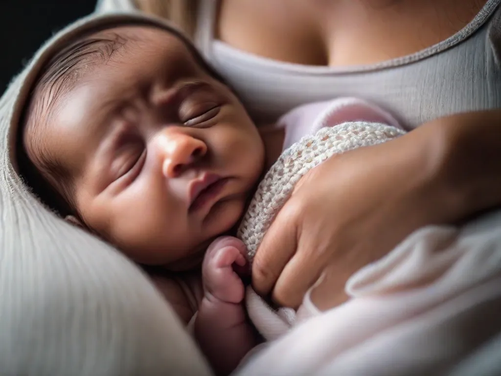 Uma bela fotografia em preto e branco captura a essência da maternidade. A imagem mostra uma mãe acariciando ternamente seu recém-nascido nos braços, seus rostos cheios de amor e alegria. O vínculo entre eles é evidente, enquanto eles compartilham um momento precioso de conexão e cuidado.