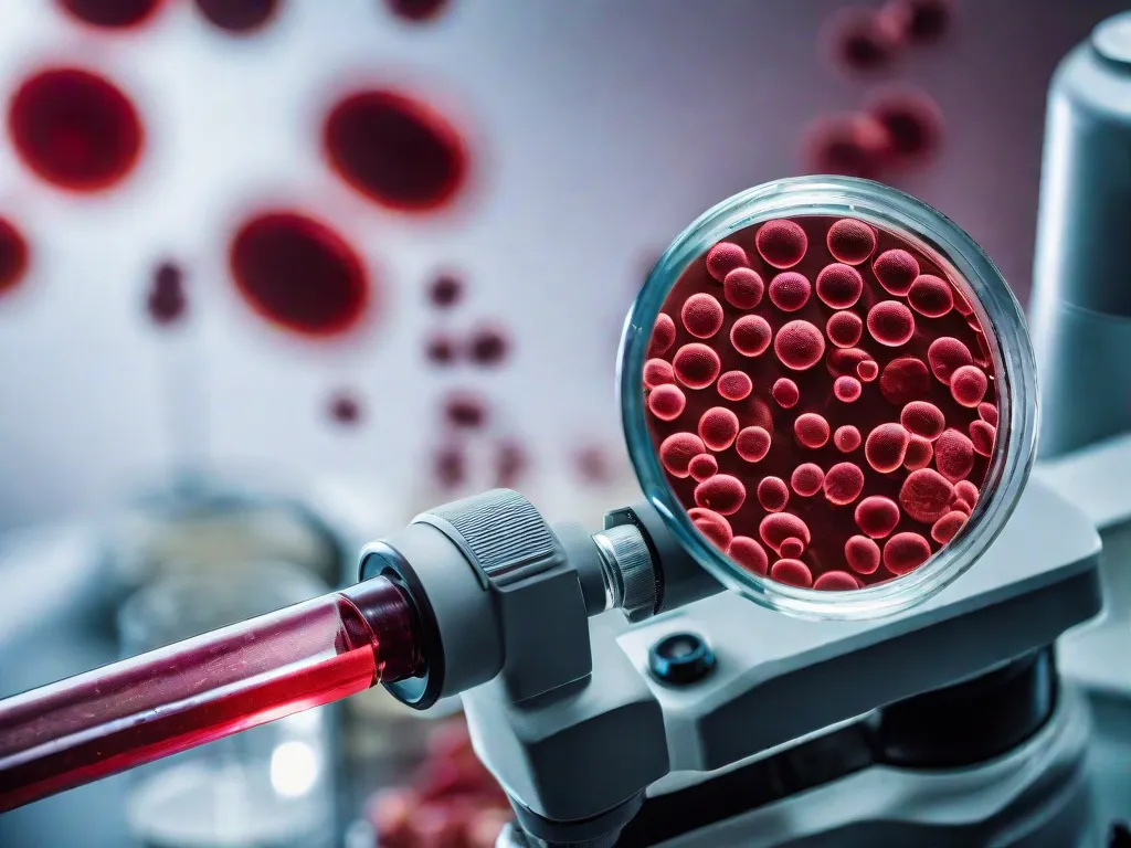 Descrição da imagem: Uma visão de close-up de um microscópio de laboratório com uma lâmina de vidro contendo células sanguíneas em exame. A imagem mostra os detalhes intrincados das células sanguíneas vermelhas e brancas, permitindo uma compreensão mais profunda da análise e diagnóstico hematológico. As cores vibrantes e formas distintas destacam a importância dos est