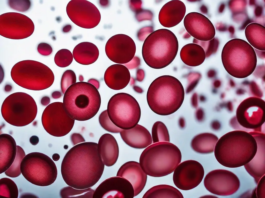 Descrição da imagem: Uma fotografia em close de uma lâmina de microscópio revela uma visão ampliada de células sanguíneas. A imagem destaca as vibrantes células vermelhas do sangue, as maiores células brancas do sangue e as plaquetas, todas flutuando em um fundo claro de plasma. Essa imagem representa o fascinante mundo da hematologia e o estudo do sang