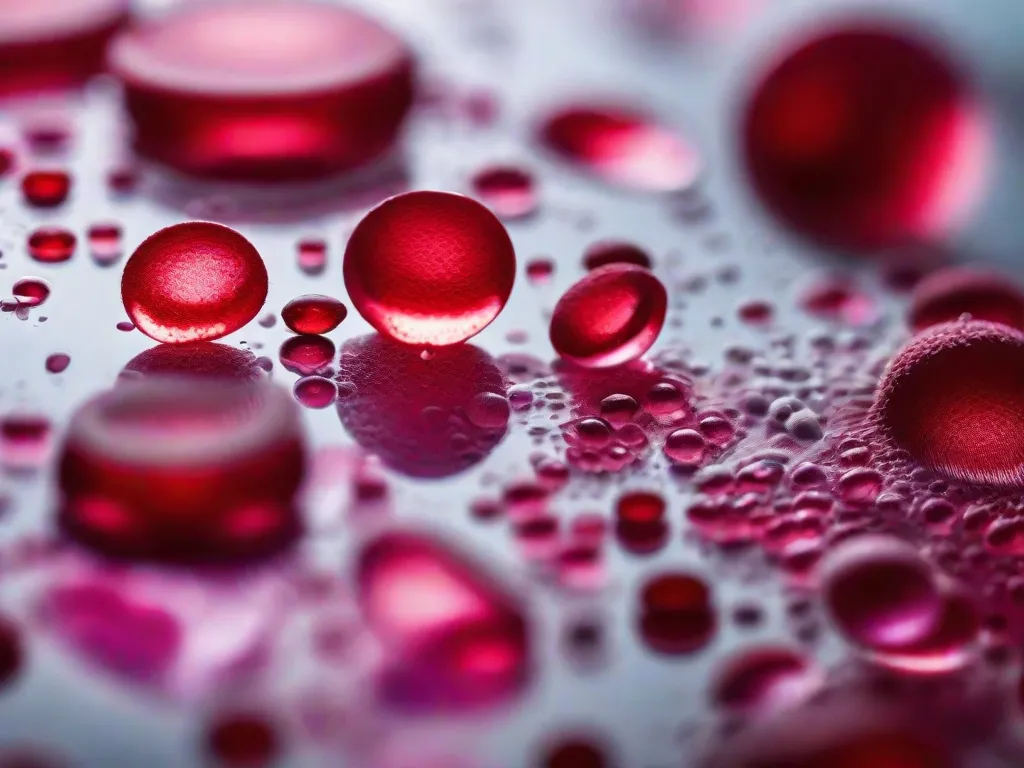 Descrição da imagem: Uma fotografia em close-up de uma lâmina de microscópio sob um microscópio poderoso. A lâmina contém uma amostra de sangue e é possível ver vibrantes células vermelhas do sangue fluindo através de finos capilares. A imagem destaca os detalhes intricados dos componentes hematológicos, evidenciando o fascinante mundo da análise e diagnóstico sanguí