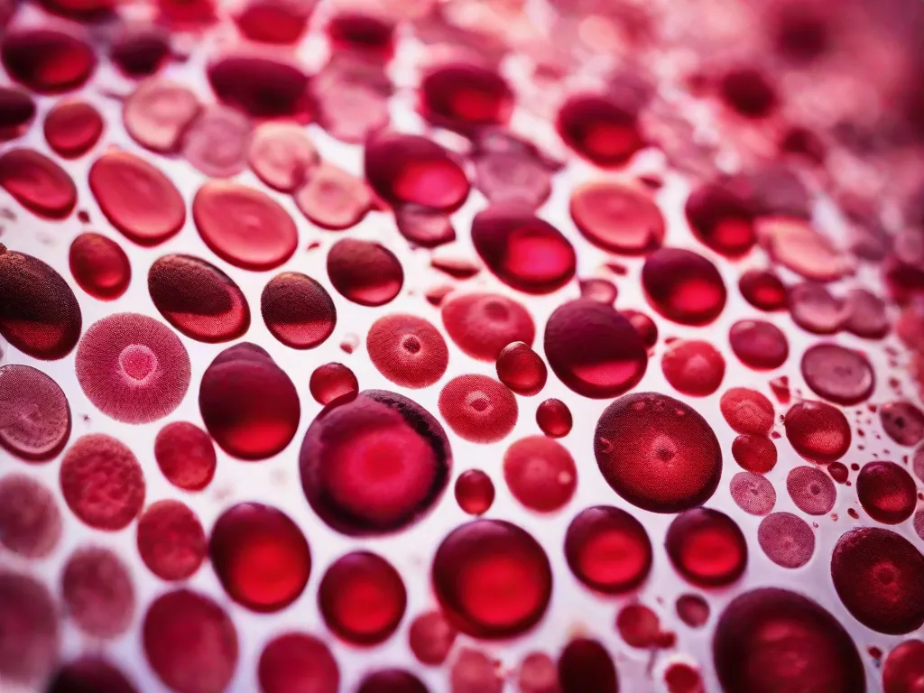 Descrição da imagem: Uma fotografia em close-up de uma lâmina de microscópio sob um microscópio poderoso. A lâmina contém uma amostra de sangue e é possível ver vibrantes células vermelhas do sangue fluindo através de finos capilares. A imagem destaca os detalhes intricados dos componentes hematológicos, evidenciando o fascinante mundo da análise e diagnóstico sanguí