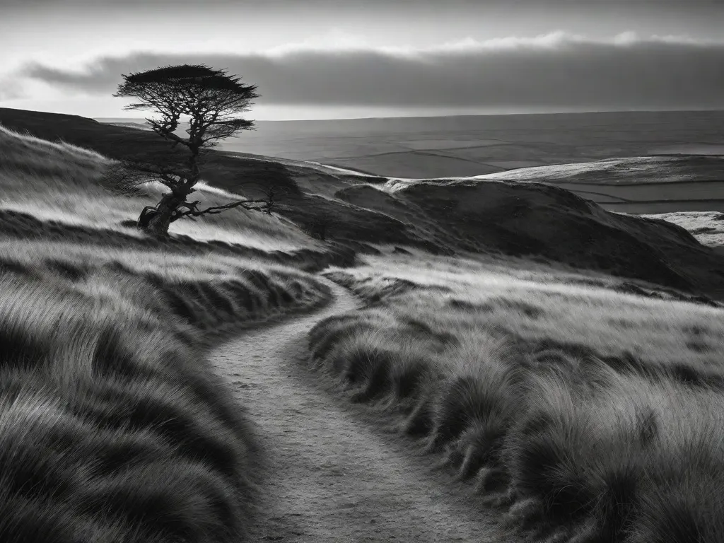 Uma fotografia em preto e branco da paisagem de charneca em Yorkshire, Inglaterra, onde Emily Bronte encontrou inspiração para seu icônico romance 