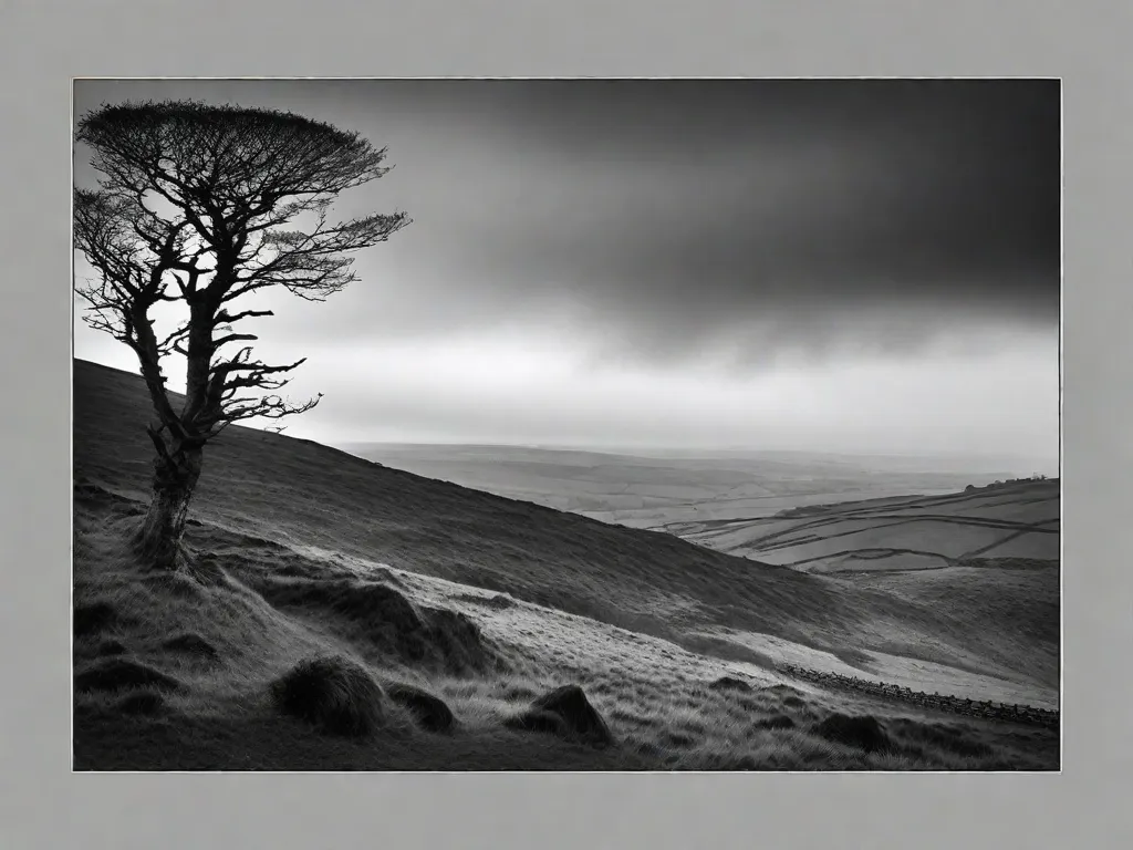 Descrição: Uma fotografia em preto e branco das terras altas de Yorkshire, na Inglaterra, onde Emily Bronte encontrou inspiração para seu icônico romance 