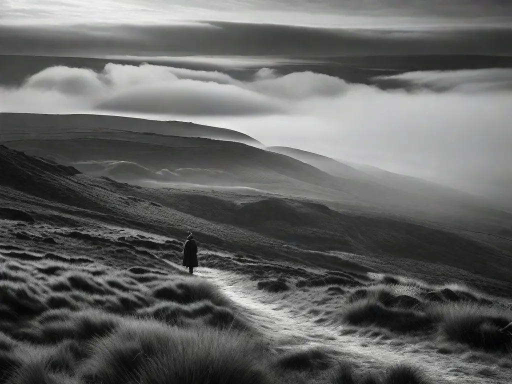 Uma fotografia em preto e branco dos pântanos, capturada durante uma manhã nebulosa. A paisagem acidentada se estende ao longe, com nuvens escuras pairando acima. Ela evoca a atmosfera assombrosa que inspirou o romance atemporal de Emily Bronte, 