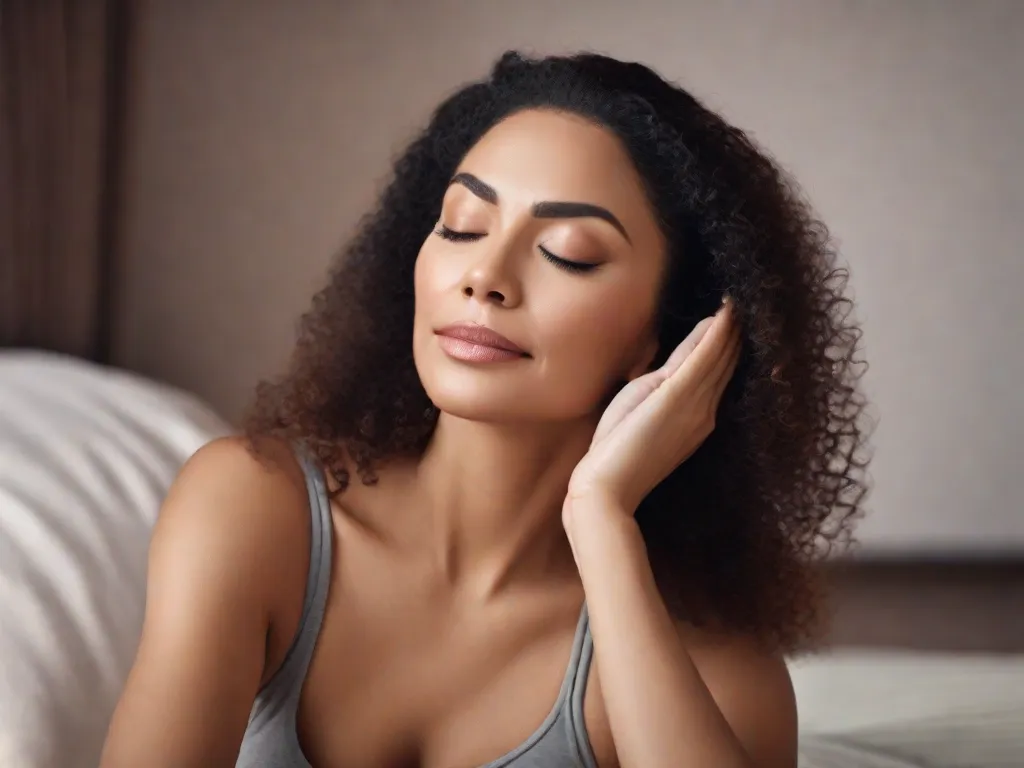 Descrição: Uma mulher com uma expressão serena no rosto, gentilmente massageando suas têmporas com as pontas dos dedos. Seus olhos estão fechados e seu rosto está relaxado enquanto ela pratica exercícios faciais para tonificar e rejuvenescer sua pele. A imagem captura um momento de autocuidado e atenção plena.