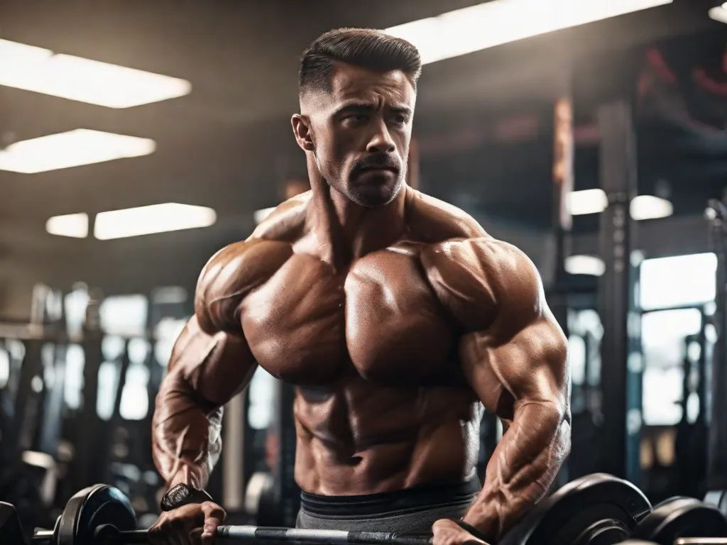 A imagem retrata um homem musculoso em uma academia, levantando pesos pesados com determinação. Suor escorre por seu corpo esculpido enquanto ele ultrapassa seus limites, mostrando o ápice da hipertrofia. Seus músculos se destacam, exibindo a incrível força e dedicação necessárias para alcançar uma forma física tão impressionante.