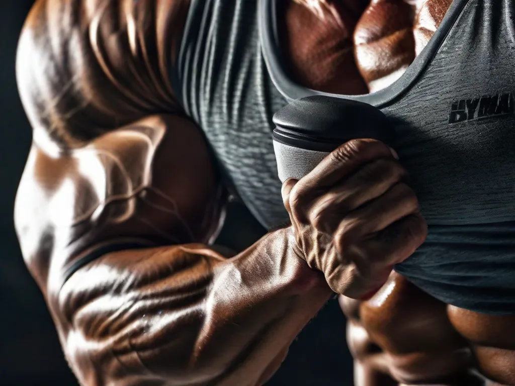 Descrição: Uma imagem em close-up do braço musculoso de um levantador de peso, brilhando com suor e exibindo a impressionante hipertrofia alcançada por meio de treinamento intenso. As veias saltadas e as fibras musculares definidas destacam a dedicação e o trabalho árduo empregados para atingir esse nível de força física e crescimento.