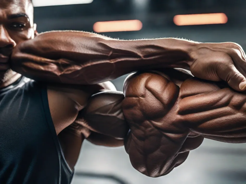 Descrição: Uma imagem em close-up de um braço musculoso, exibindo os resultados do treinamento de hipertrofia. As veias são visíveis, e os músculos definidos demonstram força e poder. A imagem captura a essência de dedicação, trabalho árduo e busca pela forma física.