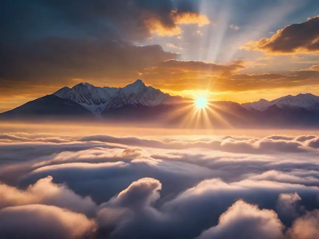 Um amanhecer vibrante sobre uma cadeia de montanhas, com raios de luz dourada perfurando as nuvens, simbolizando motivação e o início de um novo dia repleto de possibilidades infinitas.