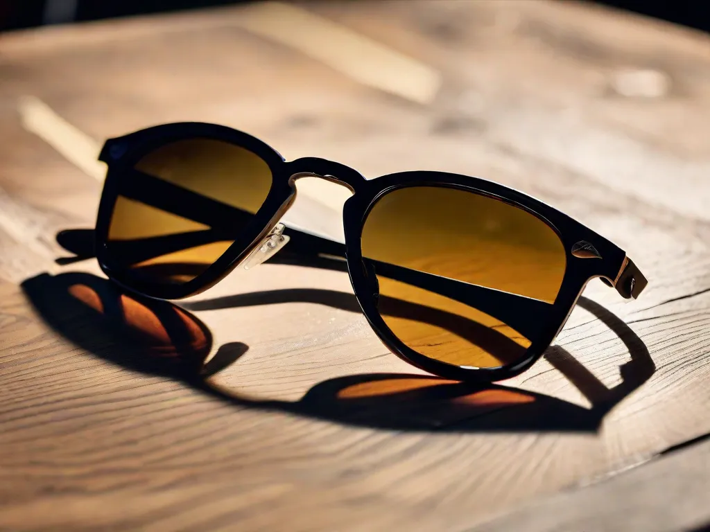 Uma imagem em close de um elegante par de óculos de sol repousando sobre uma mesa de madeira. Os óculos de sol exalam sofisticação e refletem uma paisagem urbana vibrante em suas lentes, simbolizando o estilo pessoal único do usuário e seu espírito aventureiro.