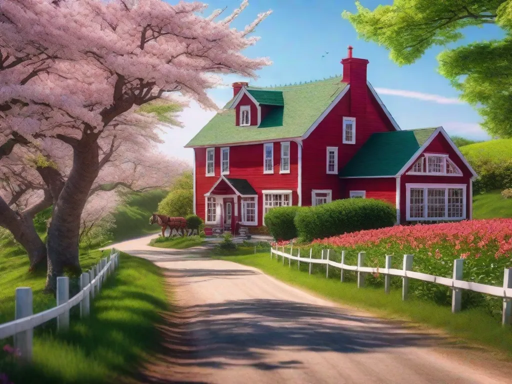 Uma paisagem pitoresca com colinas verdes ondulantes e uma pitoresca casa vermelha de fazenda aninhada entre árvores de cerejeiras em flor. A cena captura a essência da amada série Anne de Green Gables, de Lucy Maud Montgomery, evocando uma sensação de nostalgia e a beleza da Ilha do Príncipe Eduardo.