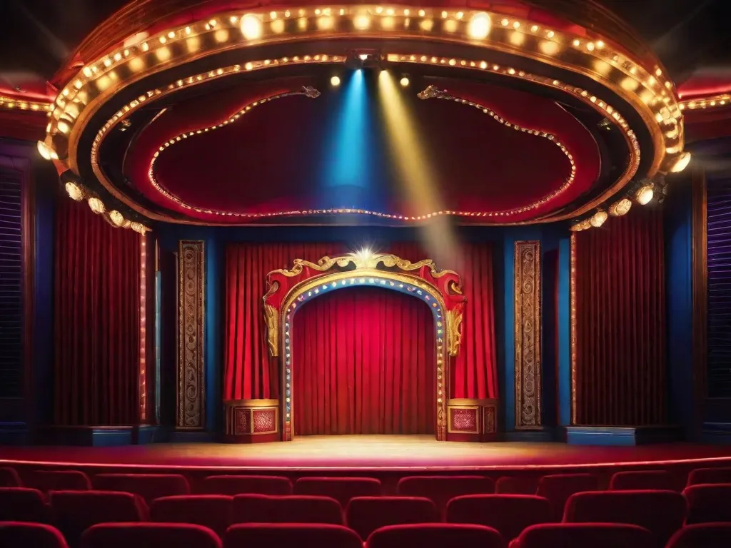 Uma imagem de close-up de um vibrante palco de teatro, adornado com adereços coloridos e um holofote iluminando um microfone solitário. O riso ecoa pelo ar enquanto um comediante cativa a plateia com suas piadas espirituosas, criando uma atmosfera alegre repleta de sorrisos e diversão.