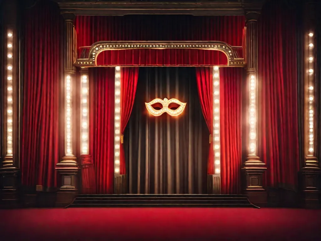 Uma imagem de close-up de um vibrante palco de teatro, adornado com adereços coloridos e um holofote iluminando um microfone solitário. O riso ecoa pelo ar enquanto um comediante cativa a plateia com suas piadas espirituosas, criando uma atmosfera alegre repleta de sorrisos e diversão.