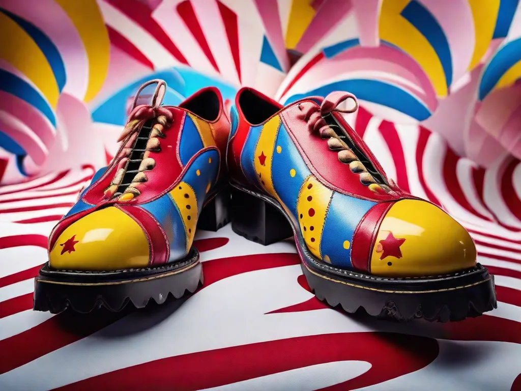 Uma imagem em close-up de sapatos coloridos e desproporcionalmente grandes de um palhaço de circo, com uma expressão exageradamente cômica, traz uma explosão de risos aos espectadores. O padrão vibrante de bolinhas nos sapatos adiciona um toque extra de fantasia, capturando a essência da comédia em um único quadro.