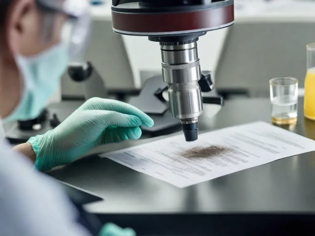Descrição da imagem: Um close-up de um especialista forense usando luvas de proteção e examinando evidências sob um microscópio. O especialista está analisando meticulosamente impressões digitais, amostras de DNA e outras evidências cruciais, demonstrando sua expertise no campo da investigação criminal. A imagem transmite profissionalismo, atenção aos detalhes e busca pela justiça.