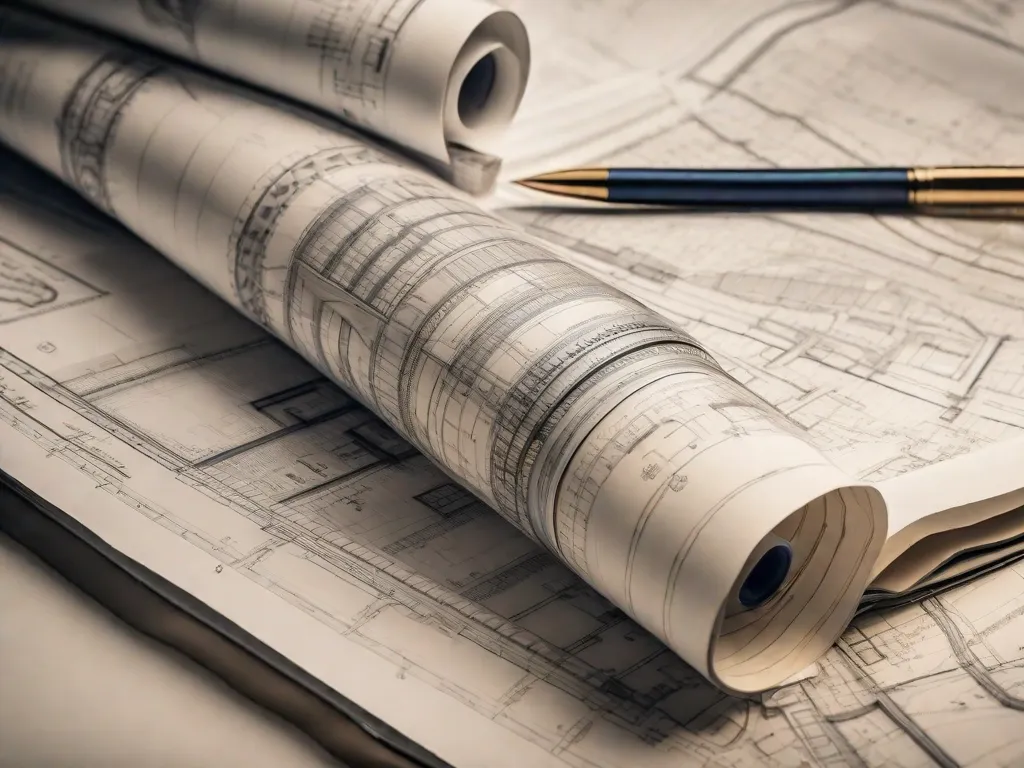 Uma imagem em close-up de uma planta baixa, mostrando desenhos arquitetônicos intricados, medidas precisas e planos detalhados. A planta baixa representa a base da engenharia civil, simbolizando o trabalho meticuloso e a expertise técnica envolvida no projeto e construção de projetos de infraestrutura.