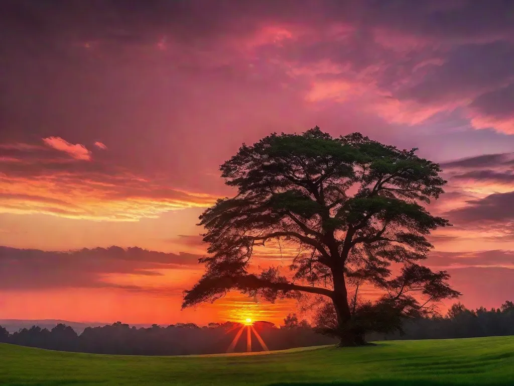 Tema: A Beleza da Natureza
Descrição: Um pôr do sol deslumbrante pinta o céu em tons de laranja ardente e rosa suave. Silhuetas de árvores altas e majestosas se destacam contra o cenário vibrante, lançando longas sombras nos prados verdes exuberantes abaixo. A cena tranquila convida a um momento de reflexão e apreciação