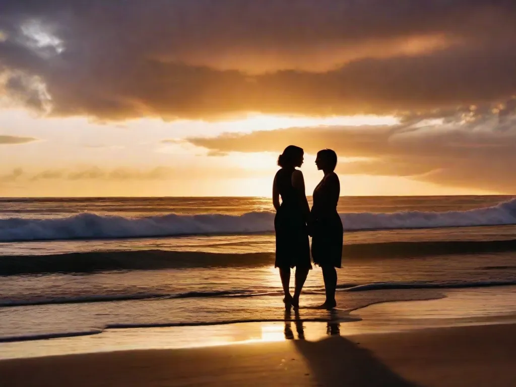 Um pôr do sol suave e dourado pinta o céu enquanto duas mulheres estão em uma praia isolada. Elas se abraçam apaixonadamente, suas silhuetas se misturando em uma só, simbolizando a beleza e intensidade do amor entre pessoas do mesmo sexo. As ondas acariciam suavemente a praia, refletindo a ternura e tranquilidade da conexão delas.