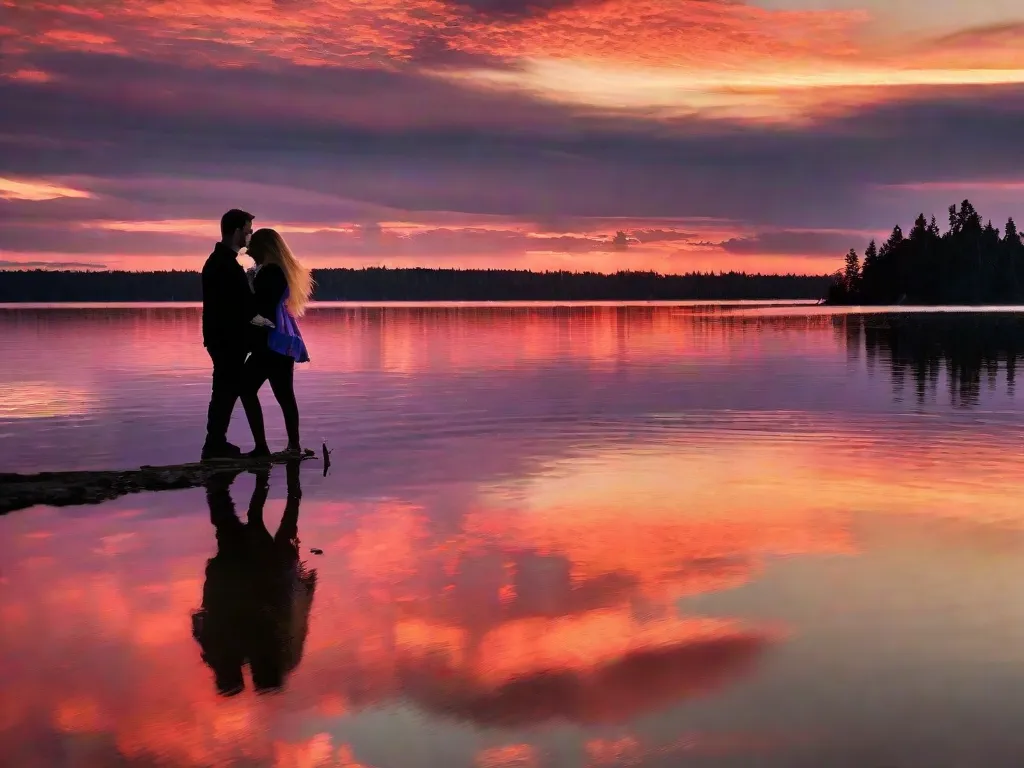 Descrição da imagem: Um pôr do sol pitoresco sobre um lago sereno, refletindo tons quentes de laranja e rosa. O céu está adornado com nuvens dispersas, criando um cenário hipnotizante para dois amantes que caminham de mãos dadas ao longo da costa. Suas silhuetas são enquadradas pelas ondas suaves, capturando um momento de romance e conex