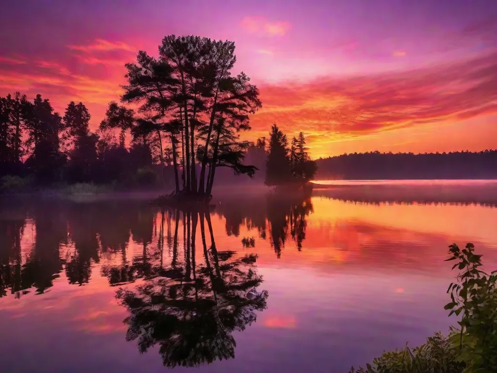 Tema: A Beleza da Natureza
Descrição: Um pôr do sol deslumbrante pinta o céu em tons de laranja ardente e rosa suave. Silhuetas de árvores altas e majestosas se destacam contra o cenário vibrante, lançando longas sombras nos prados verdes exuberantes abaixo. A cena tranquila convida a um momento de reflexão e apreciação