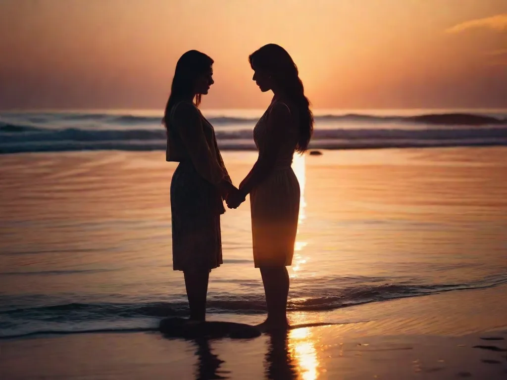 Um casal está em uma praia isolada ao pôr do sol, suas silhuetas entrelaçadas contra um cenário de tons vibrantes de rosa e laranja. Com um abraço suave, eles compartilham um momento íntimo, seu amor irradiando pelo ar conforme as ondas quebram suavemente na praia.