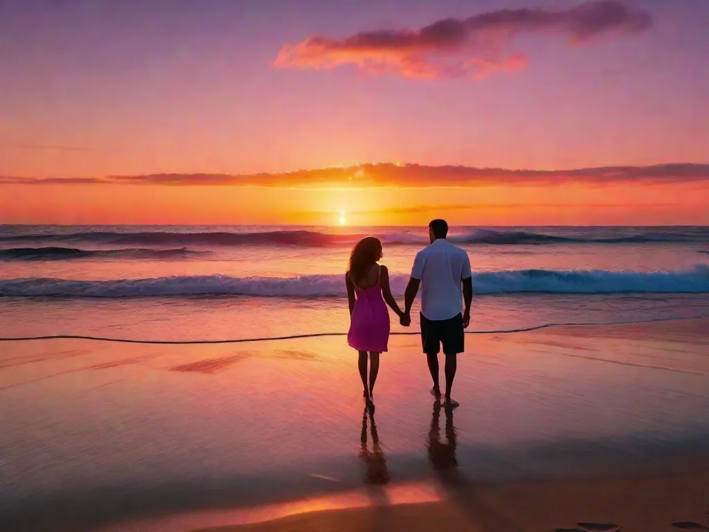Uma praia beijada pelo sol se estende diante de nós, as ondas batendo suavemente na costa. Ao longe, um casal está de mãos dadas, o amor evidente em seus olhos. O sol poente pinta o céu em tons de rosa e laranja, criando um cenário pitoresco para um romance de Nicholas Sparks.