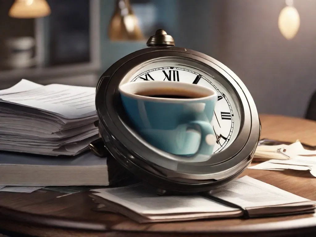 Uma imagem em close-up de um relógio com suas mãos congeladas no lugar, simbolizando a procrastinação. O relógio está cercado por uma pilha de tarefas inacabadas, papéis espalhados e uma xícara de café esfriado, representando as consequências de adiar responsabilidades importantes.