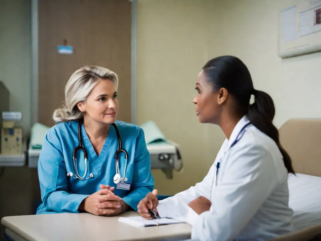 Descrição da imagem: Em um quarto de hospital, um psicólogo compassivo senta ao lado de um paciente, engajado em uma conversa significativa. O paciente, com uma expressão de esperança, está compartilhando seus pensamentos e emoções enquanto o psicólogo ouve atentamente, fornecendo apoio e orientação. A imagem reflete o papel essencial da psicologia hospitalar na promoção do bem-