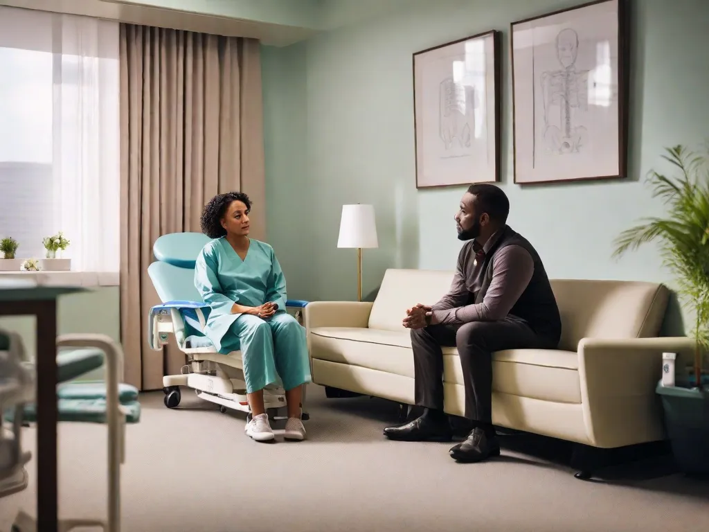 Descrição da imagem: Em um quarto de hospital, um psicólogo compassivo senta ao lado de um paciente, envolvido em uma conversa profunda. O rosto do paciente expressa alívio e conforto, enquanto o psicólogo ouve atentamente, fornecendo apoio e orientação. O ambiente está cheio de calor e compreensão, criando um espaço seguro para cura e bem-estar psicológ