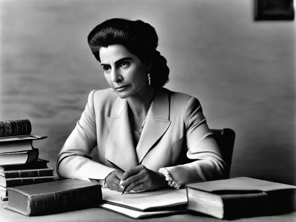 Descrição: Uma fotografia em preto e branco de Rachel de Queiroz, uma proeminente escritora brasileira, sentada em uma mesa com uma máquina de escrever. Ela está pensativa, com a mão apoiada no queixo, cercada por livros e papéis. A imagem captura sua inteligência e dedicação à literatura.