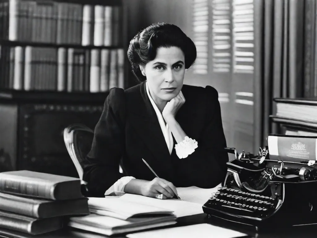 Descrição: Uma fotografia em preto e branco de Rachel de Queiroz, uma proeminente escritora brasileira, sentada em uma mesa com uma máquina de escrever. Ela está pensativa, com a mão apoiada no queixo, cercada por livros e papéis. A imagem captura sua inteligência e dedicação à literatura.