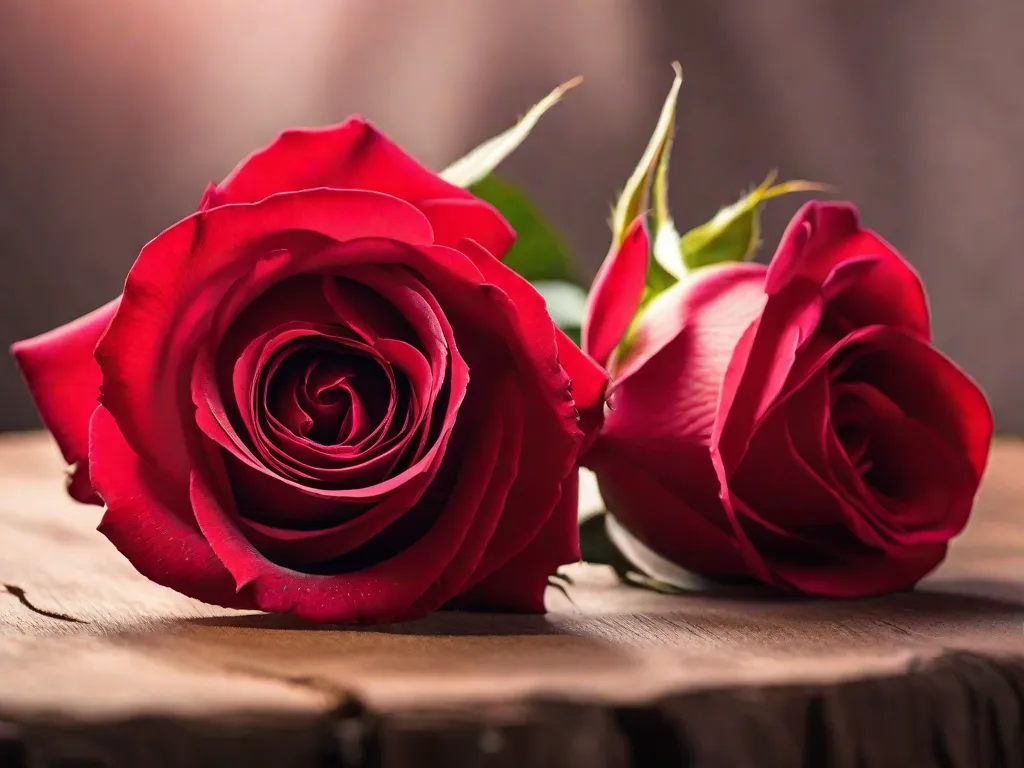 Uma imagem em close de rosas vermelhas vibrantes em plena floração, suas pétalas aveludadas se desdobrando delicadamente sob a luz quente do sol. As cores ricas e os detalhes intricados das flores capturam a essência da beleza, exalando uma sensação de elegância e graça natural.
