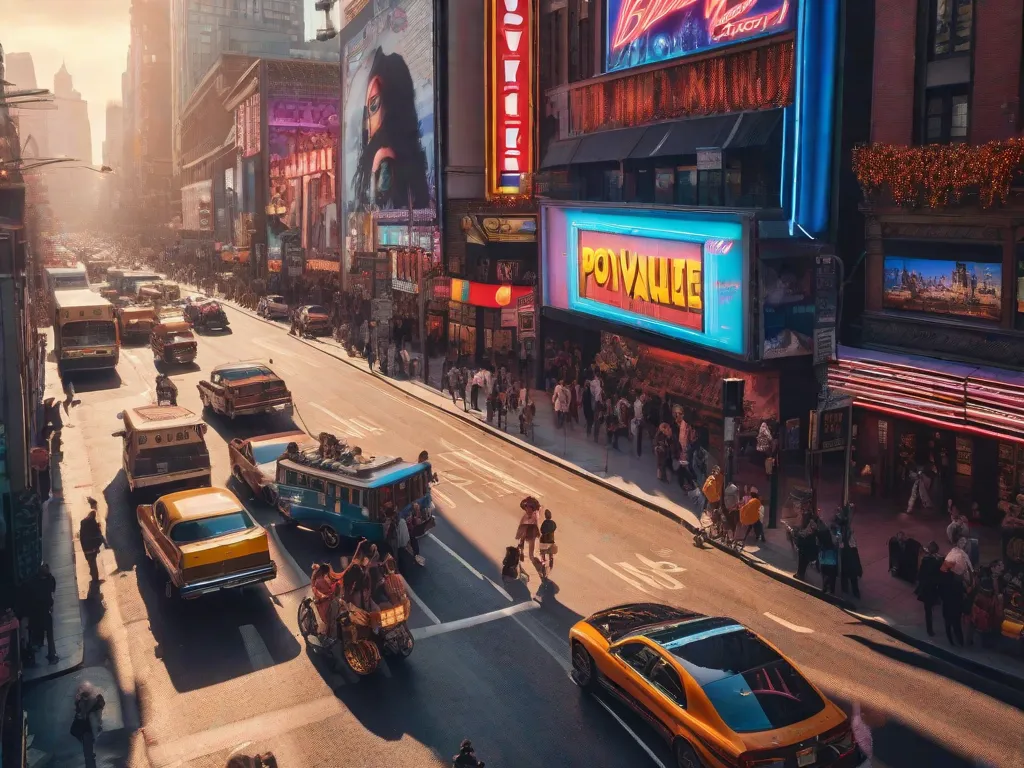 Uma imagem de uma vibrante rua da cidade cheia de outdoors e letreiros de neon, exibindo referências icônicas da cultura pop, como cartazes de filmes, capas de álbuns e logotipos famosos. Pessoas de todas as idades podem ser vistas aproveitando a atmosfera animada, vestidas com moda moderna inspirada em vários ícones da cultura pop.