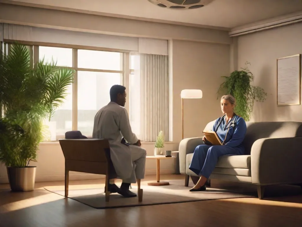 Descrição da imagem: Um quarto de hospital sereno, com iluminação suave e móveis confortáveis. Um psicólogo senta-se em frente a um paciente, envolvido em uma conversa compassiva. O quarto está cheio de livros, plantas e obras de arte, criando uma atmosfera calmante propícia à cura e apoio emocional.