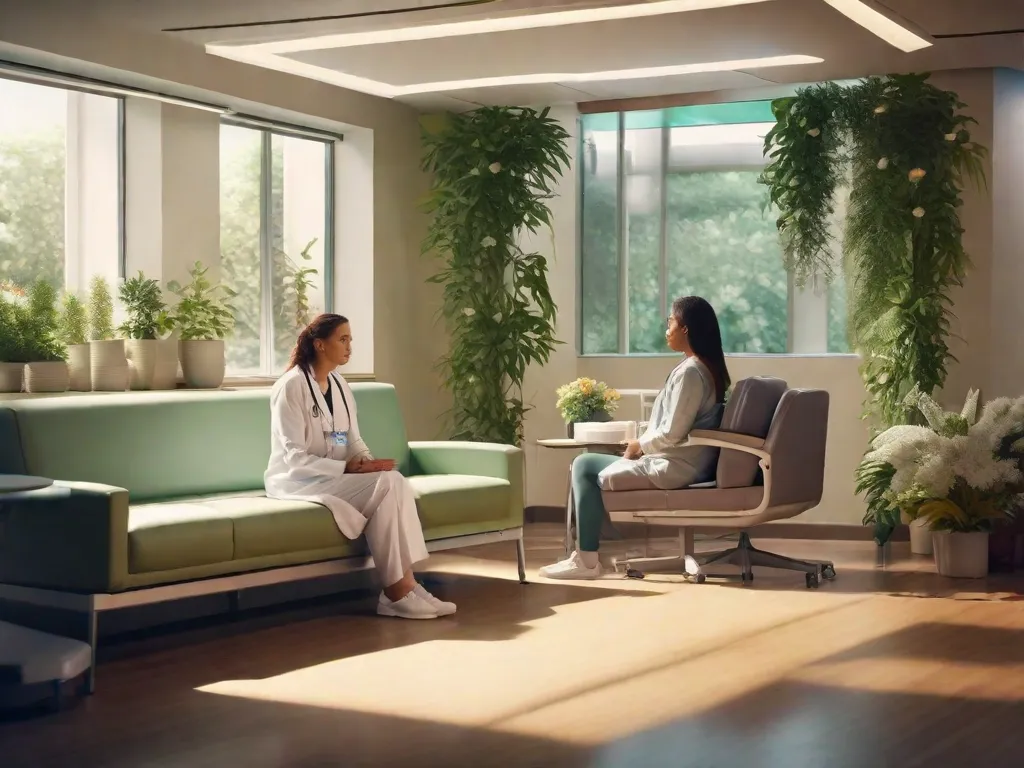 Descrição da imagem: Em um quarto de hospital, um psicólogo compassivo senta ao lado de um paciente, envolvido em uma conversa profunda. O rosto do paciente expressa alívio e conforto, enquanto o psicólogo ouve atentamente, fornecendo apoio e orientação. O ambiente está cheio de calor e compreensão, criando um espaço seguro para cura e bem-estar psicológ