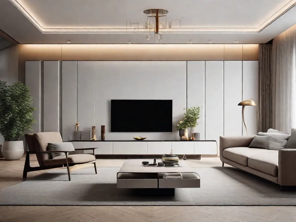 Uma sala de estar elegante e moderna com design minimalista. A imagem mostra um espaço limpo e organizado, com uma paleta de cores neutras, móveis contemporâneos e iluminação estratégica que cria uma atmosfera serena e sofisticada.