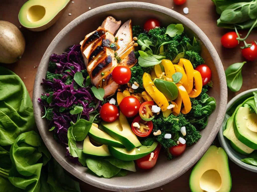 Descrição: Uma imagem vibrante mostrando uma tigela de salada colorida cheia de uma variedade de vegetais frescos como couve, espinafre, tomate cereja, pepino, pimentão e abacate. Coberto com peito de frango grelhado e polvilhado com sementes de gergelim, essa receita fitness nutritiva e deliciosa é um banquete para os olhos e para o corpo