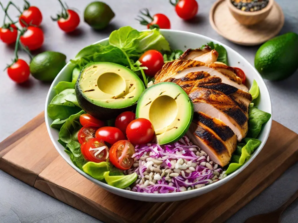 Uma imagem vibrante de uma tigela de salada colorida cheia de ingredientes frescos e ricos em nutrientes como folhas verdes, tomates cereja, fatias de abacate, frango grelhado e um fio de vinagrete caseiro. As cores vibrantes e as texturas destacam a deliciosidade e os benefícios para a saúde das receitas focadas em fitness.