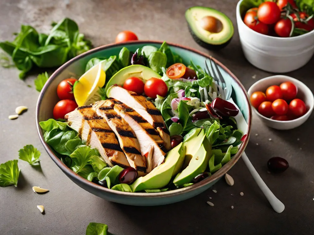 Uma imagem vibrante de uma tigela de salada colorida cheia de ingredientes frescos e ricos em nutrientes como folhas verdes, tomates cereja, fatias de abacate, frango grelhado e um fio de vinagrete caseiro. As cores vibrantes e as texturas destacam a deliciosidade e os benefícios para a saúde das receitas focadas em fitness.