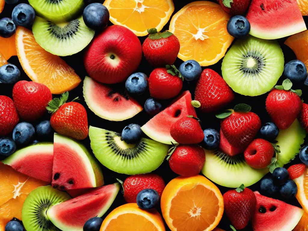 Descrição da imagem:
Uma salada de frutas vibrante e colorida é lindamente arranjada em uma tigela. A variedade inclui fatias suculentas de melancia, morangos suculentos, kiwi refrescante, laranjas tangy e mirtilos maduros. As cores vibrantes e a aparência fresca das frutas mostram a essência do frudivorismo, uma dieta foc