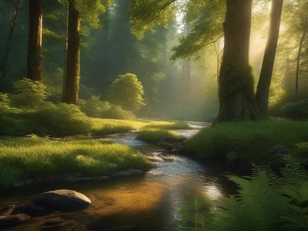 Tema: Serenidade da Natureza
Descrição: Uma imagem deslumbrante de um recanto isolado na floresta, banhado pela luz dourada do sol. Árvores imponentes criam um dossel natural acima, enquanto um riacho suave flui entre a vegetação exuberante e verdejante. A atmosfera serena convida à tranquilidade e oferece uma fuga pacífica da