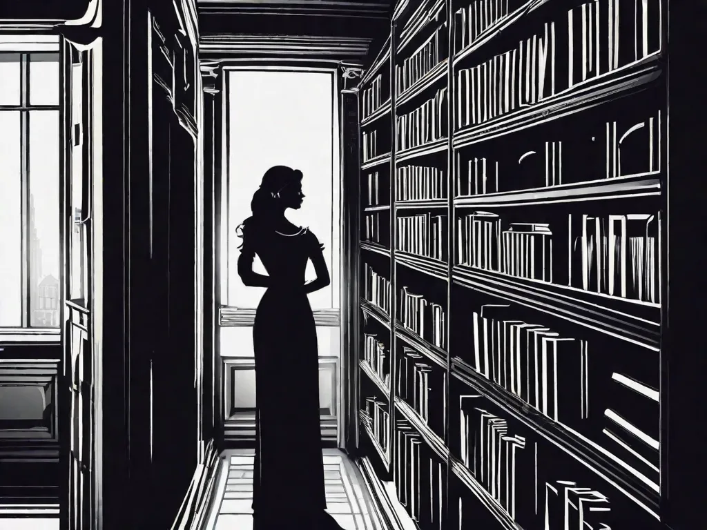Descrição da imagem: Uma silhueta escura e misteriosa de uma mulher em pé sozinha em um quarto pouco iluminado, com um sorriso sinistro no rosto. O quarto está cheio de prateleiras empilhadas com livros, insinuando as histórias cativantes e emocionantes escritas por Gillian Flynn.