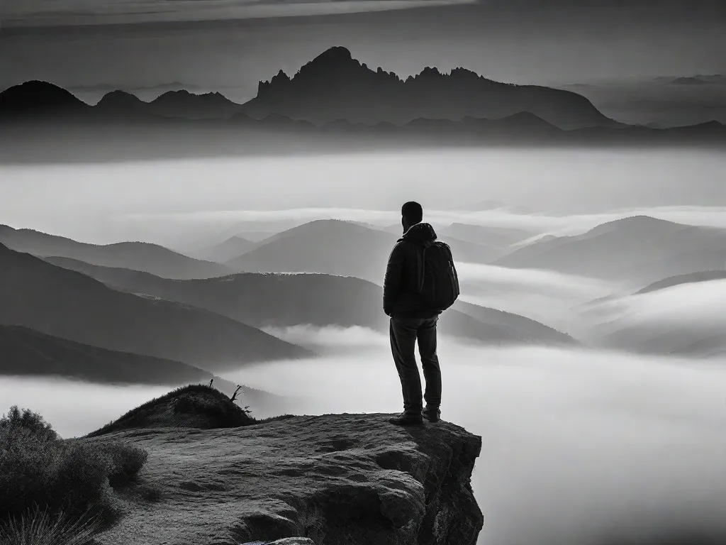 Uma fotografia em preto e branco de uma figura solitária em pé na beira de um penhasco, observando uma vasta extensão de montanhas acidentadas e vales cobertos de neblina. A silhueta da pessoa está curvada, expressando contemplação e introspecção, refletindo os temas sombrios e introspectivos encontrados na poesia de Augusto dos Anjos.