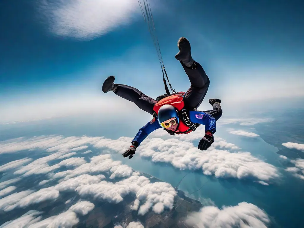 Uma imagem emocionante captura um destemido paraquedista voando pelos céus, seu corpo contorcido em um arco gracioso. Adornado com um macacão vibrante, ele exala confiança e adrenalina enquanto abraça a emoção eletrizante de cair livremente em direção à terra abaixo. A pura força e empolgação da ação são palpáveis neste momento cativante.