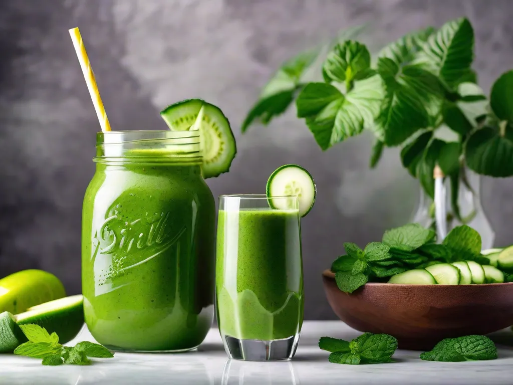 Uma imagem vibrante de um copo cheio de uma mistura colorida de frutas e legumes frescos, representando um suco detox refrescante e saudável. As tonalidades vibrantes de verdes, laranjas e vermelhos destacam a bondade natural e os nutrientes da bebida, tentando o espectador a experimentar essa bebida revigorante.