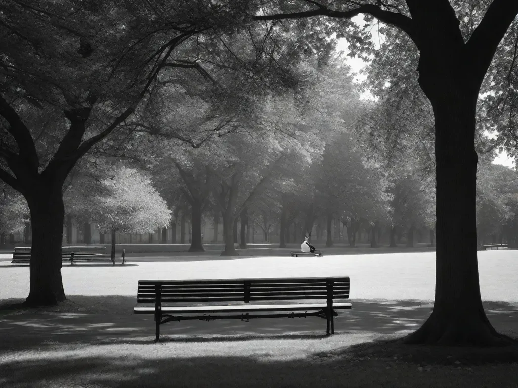 Uma foto de um banco vazio em um parque, banhado pelo caloroso brilho do sol poente, simbolizando a solidão e o isolamento vivenciados durante o distanciamento social. O espaço vazio convida à contemplação, destacando a saudade da conexão humana em meio ao cenário silencioso e deserto.