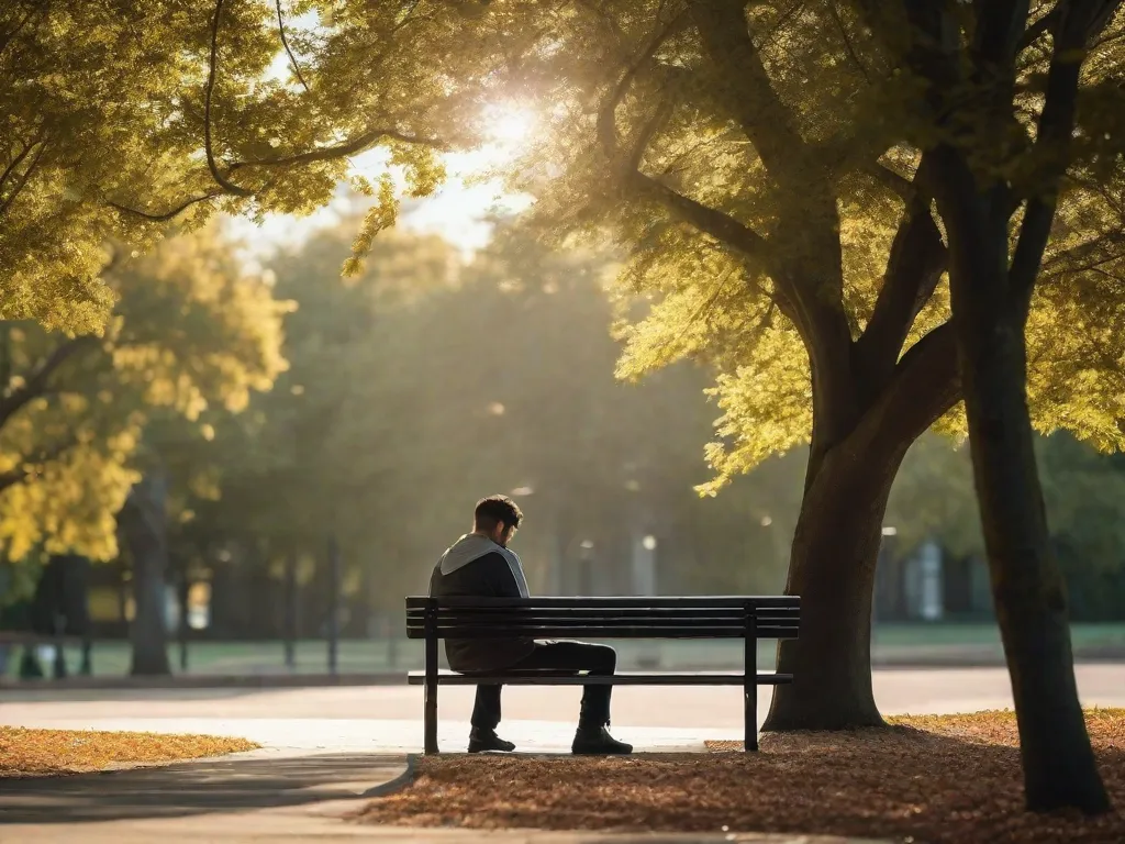 Uma foto de uma figura solitária sentada em um banco de parque, cercada por espaços vazios e uma sensação de tranquilidade. A pessoa está olhando para baixo, perdida em pensamentos, enfatizando o conceito de isolamento social e o impacto emocional que pode ter sobre os indivíduos.